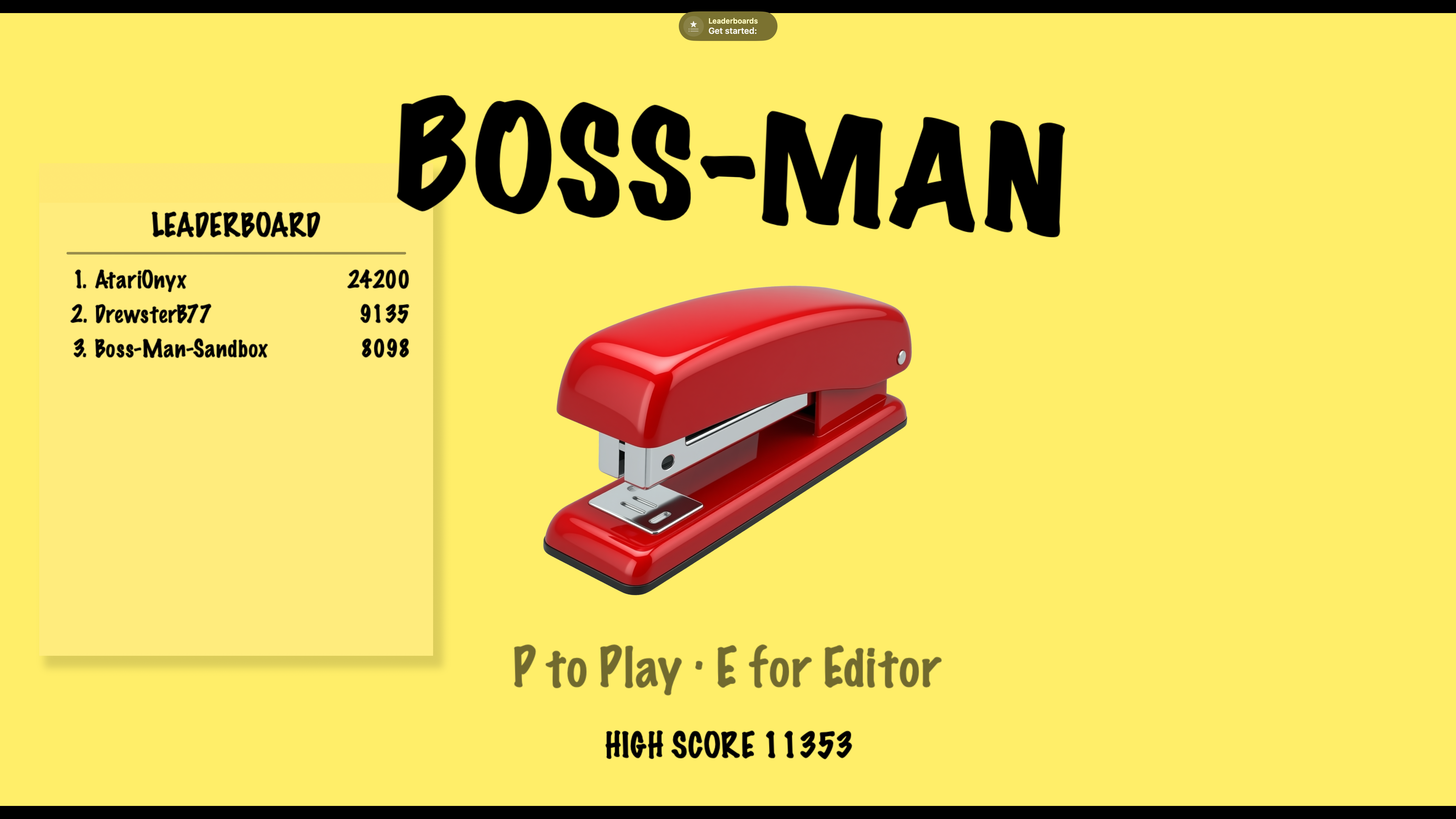 Boss-Man title screen: bright yellow background with BOSS-MAN logo, a red stapler (reminiscent of the Office Space stapler), and a Game Center leaderboard showing top scores