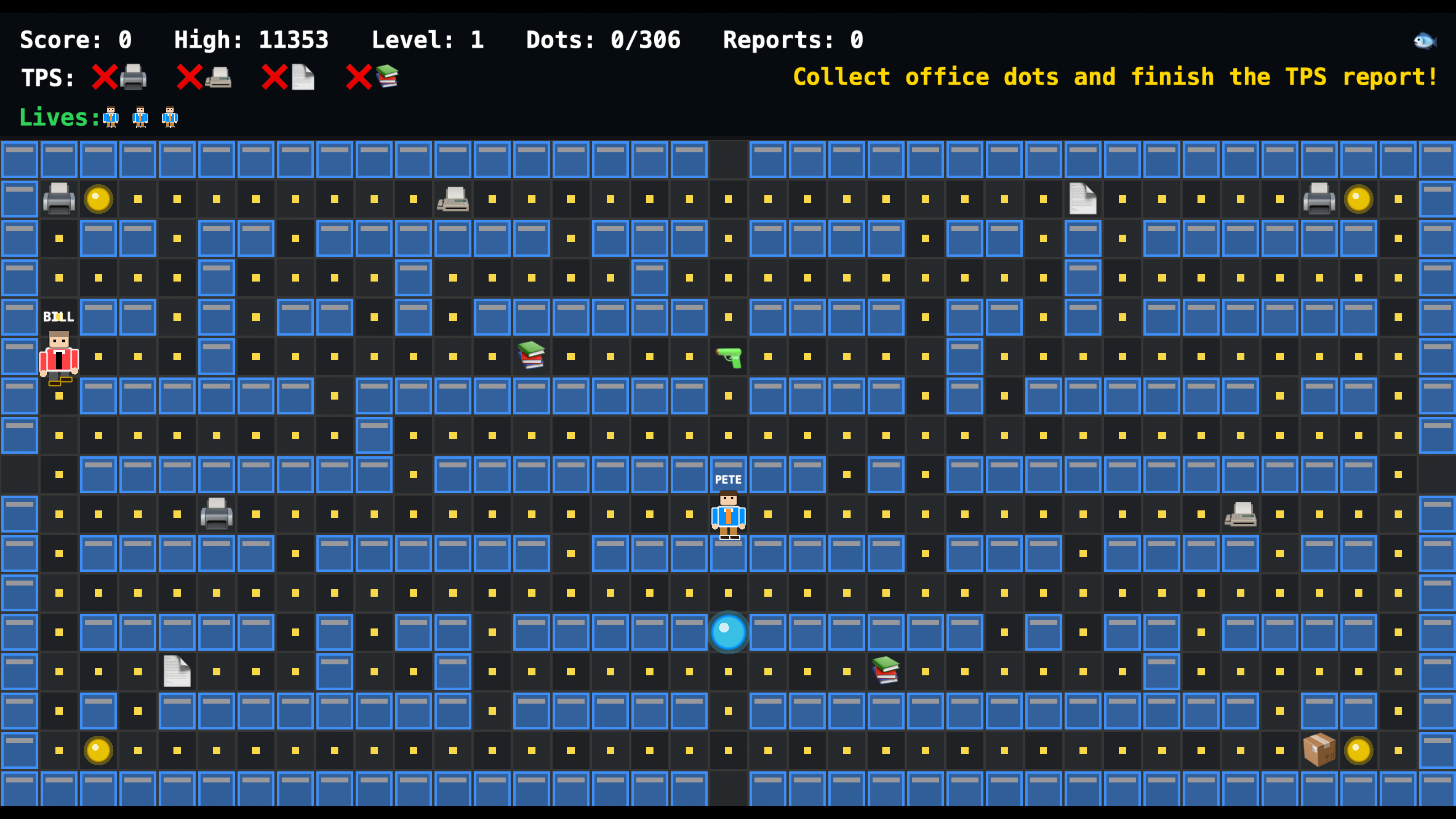 Boss-Man gameplay: a Ms. Pac-Man-style office cubicle maze rendered in blue tiles, with the player (Pete) collecting yellow dots while dodging boss character Bill in an Office Space-inspired setting. Score, level, dot count, and TPS report status shown in the HUD.