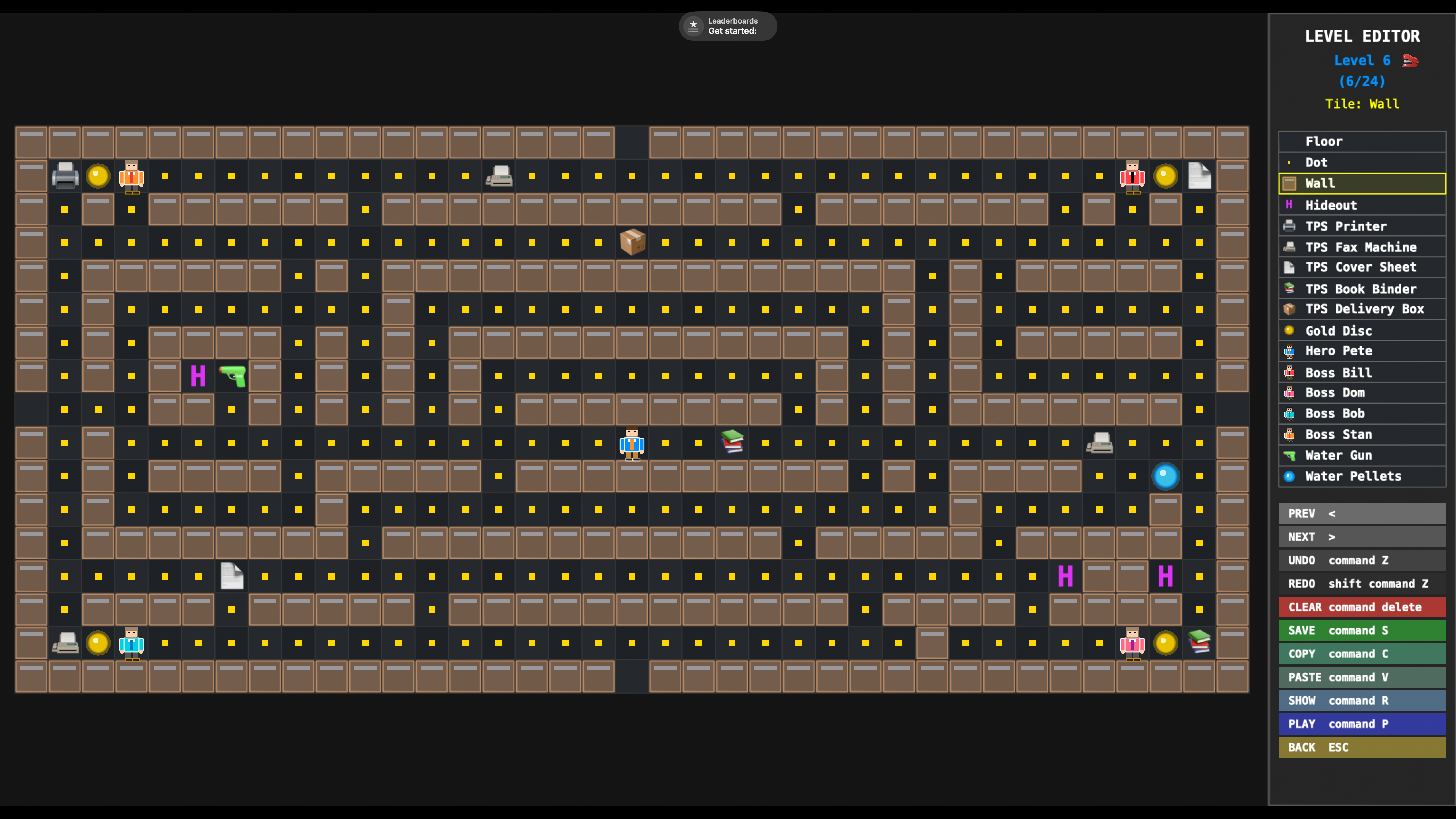 Boss-Man built-in level editor: a brown-tile maze grid with a sidebar palette listing tiles, enemies (Boss Bill, Dom, Bob, Stan), and items like the water gun and TPS printer, in the spirit of Office Space cubicle design